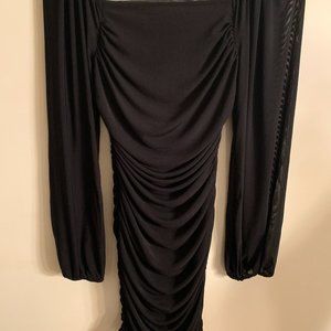 Black Ruched Square Neck Sheer Long Sleeve Size S Dress